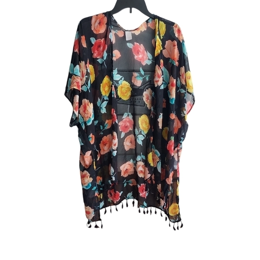 Floral and black swim cover up